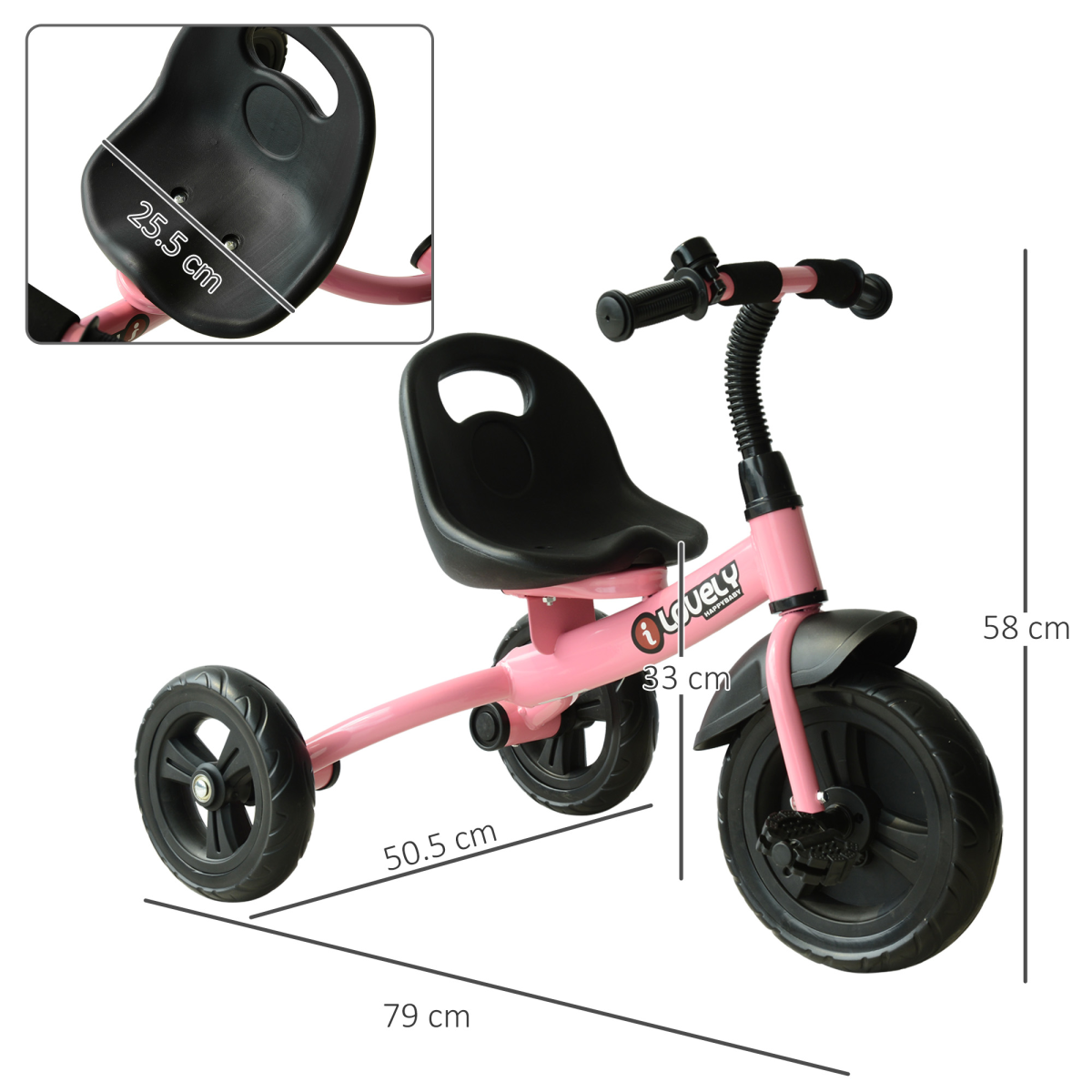 HOMCOM Toddler Tricycle with Metal Frame, Adjustable Seat and Splash Guard – Kids Trike, Pink