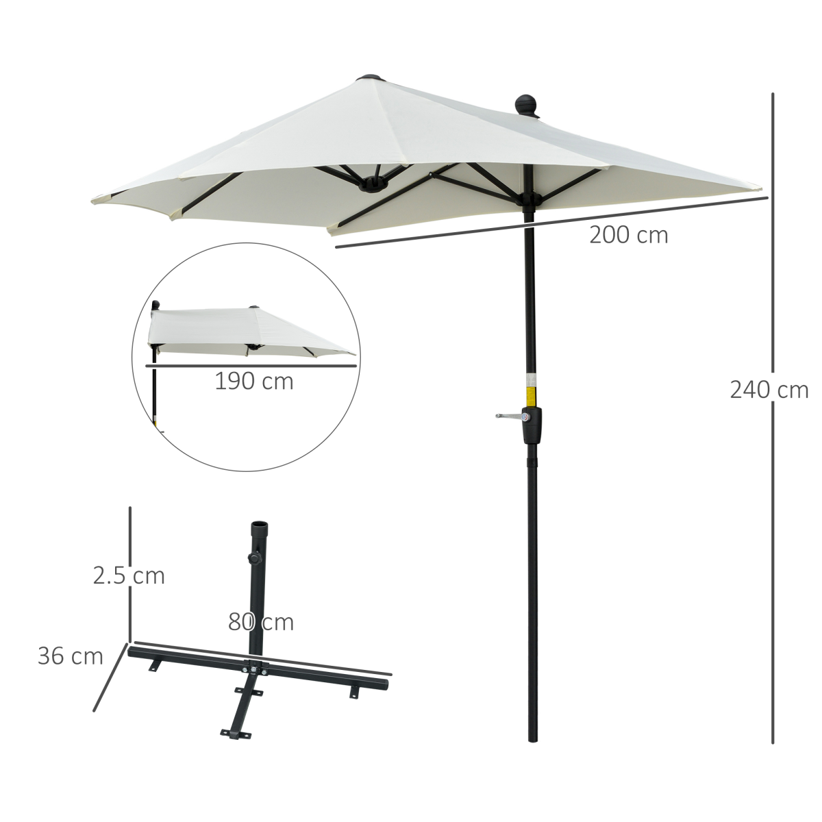 Outsunny 2m Half Parasol with Double Canopy, Crank Handle & Cross Base – Balcony & Patio Wall Shade, Cream White