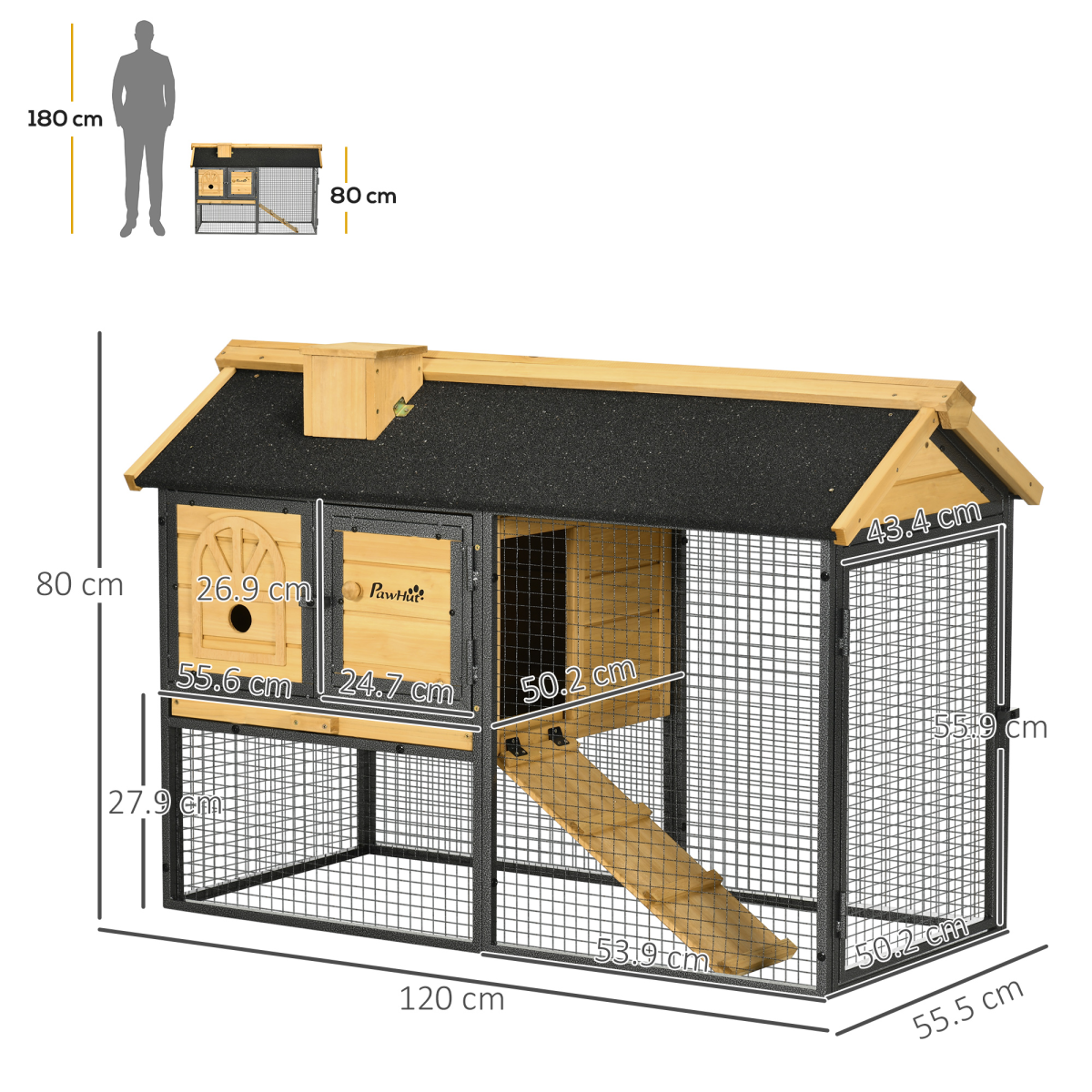 PawHut Two-Tier Outdoor Rabbit Hutch with Run, Removable Tray & Asphalt Roof – Wood and Steel Bunny Cage