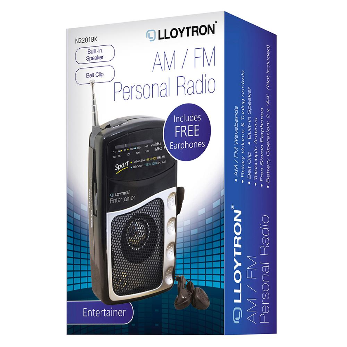 Lloytron Entertainer 2 Band Personal Sports Radio with Earphones, AM/FM & Carry Strap – N2201BK