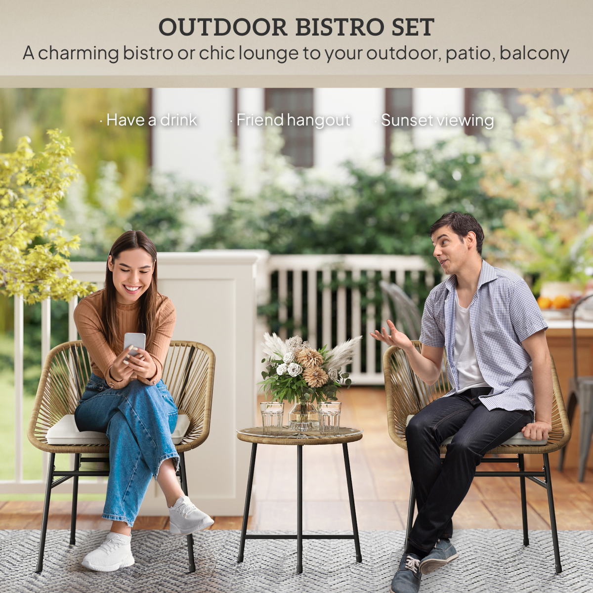 Outsunny 3-Piece Rattan Bistro Set with Cushions & Tempered Glass Table – Small Balcony Garden Furniture