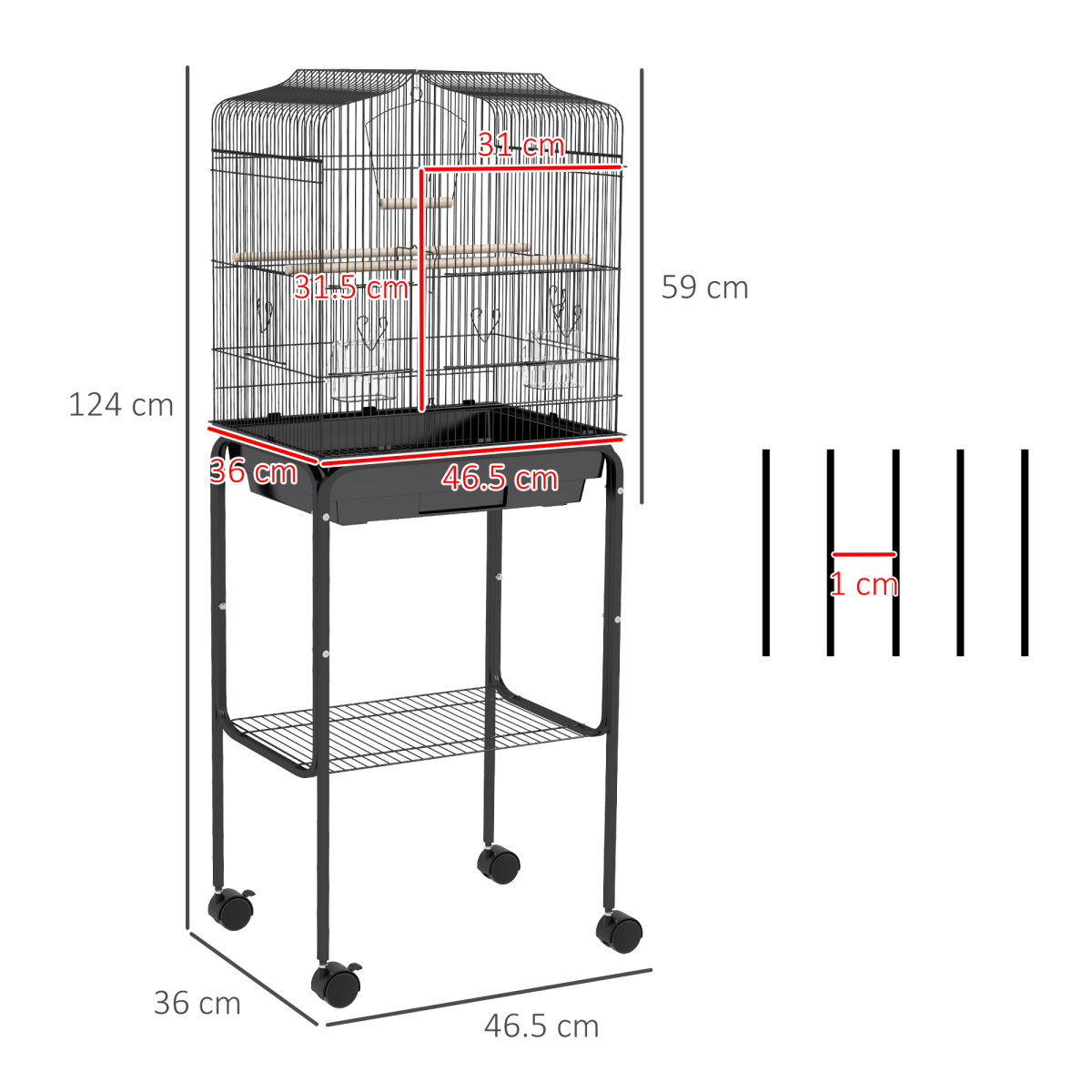 PawHut Bird Cage for Budgies, Finches, Canaries & Parakeets with Stand, Wheels & Slide-Out Tray – Black