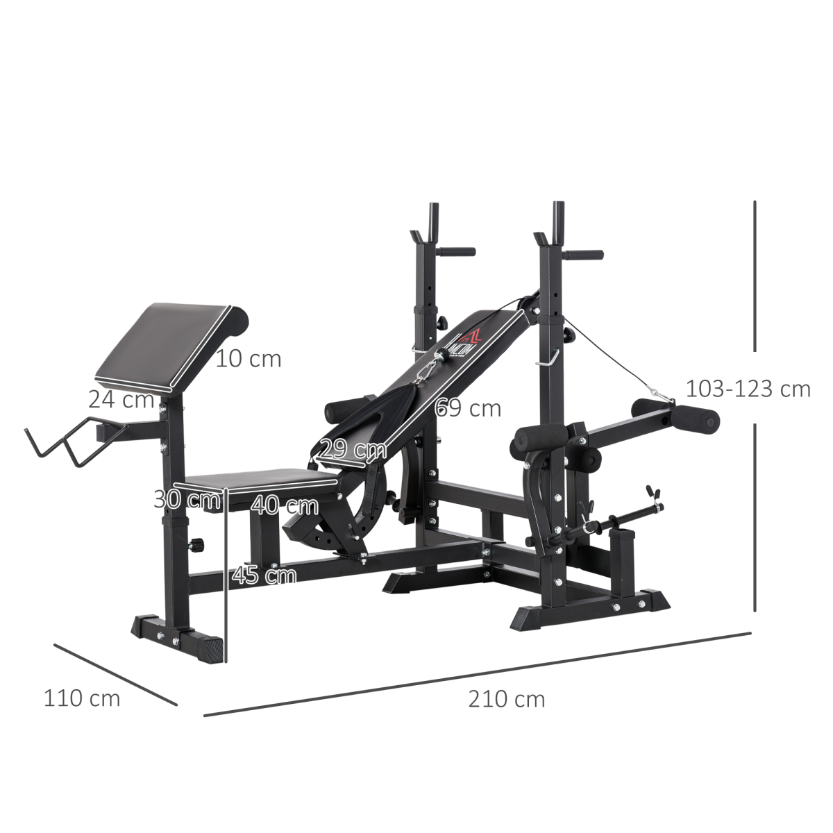 HOMCOM Multi-Exercise Weight Bench with Barbell Rack, Preacher Curl, Leg Extension & Resistance Bands