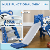 Kids 3-in-1 Slide with Climber & Basketball Hoop – Indoor Toddler Play Slide for 18-36 Months, Blue & Grey