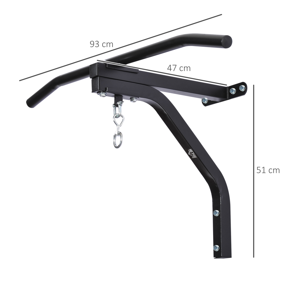 HOMCOM Wall Mounted Punch Bag Bracket with Pull Up Bar & Swivel Chain, 130kg – Steel Boxing Hanger, Black