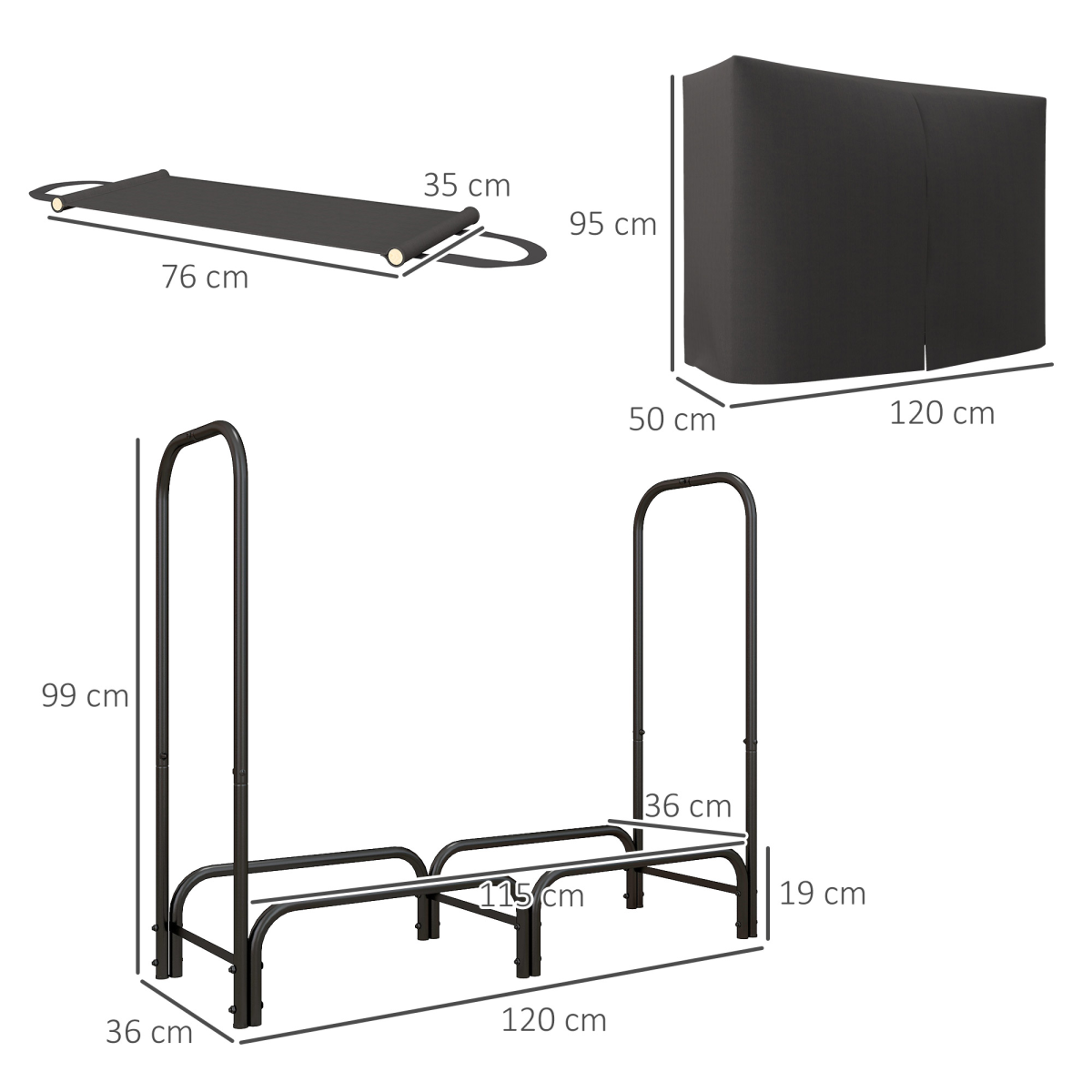 Outsunny 4ft Firewood Rack with Canvas Carrier & Oxford Cover, 0.33m³ Capacity – Metal Log Storage, Black