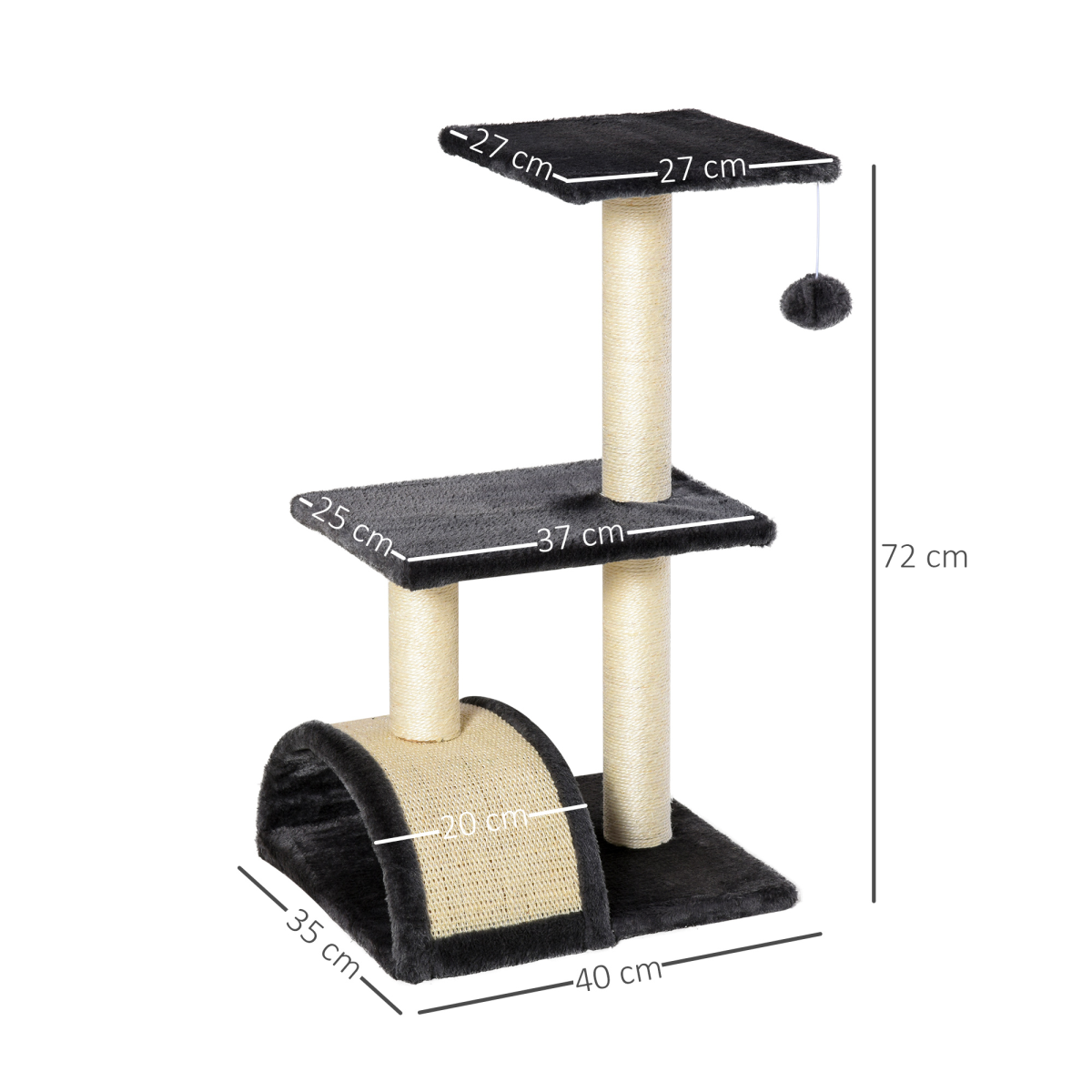 Pawhut Three-Tier Cat Tree with Sisal Scratching Posts and Hanging Ball – Plush Indoor Activity Centre, Grey