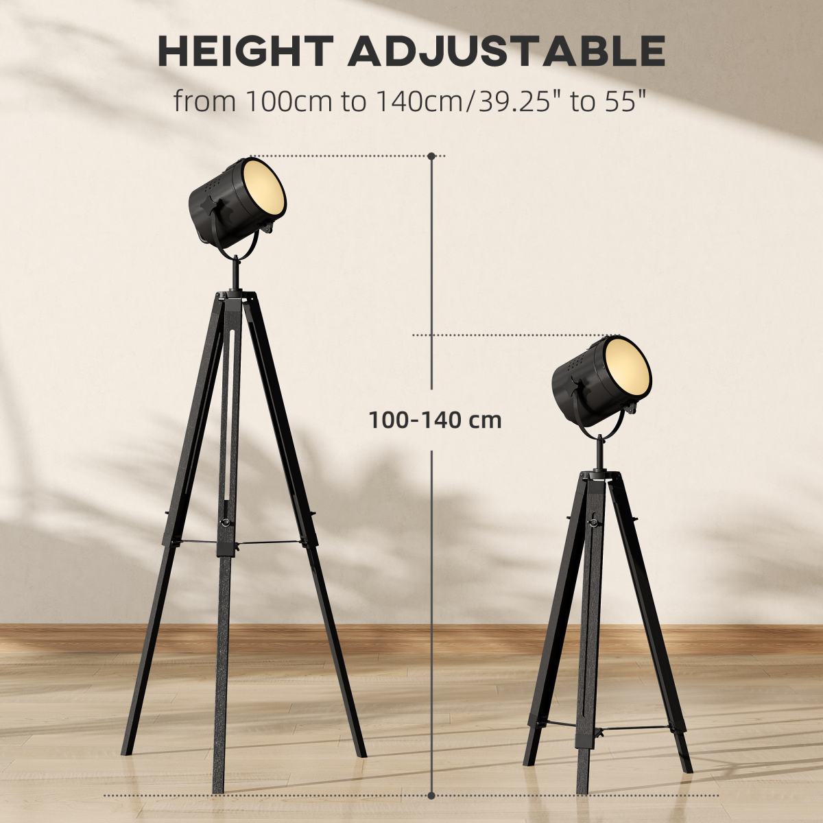 HOMCOM Industrial Wooden Tripod Spotlight Floor Lamp with Adjustable Height & Head – Living Room, Black