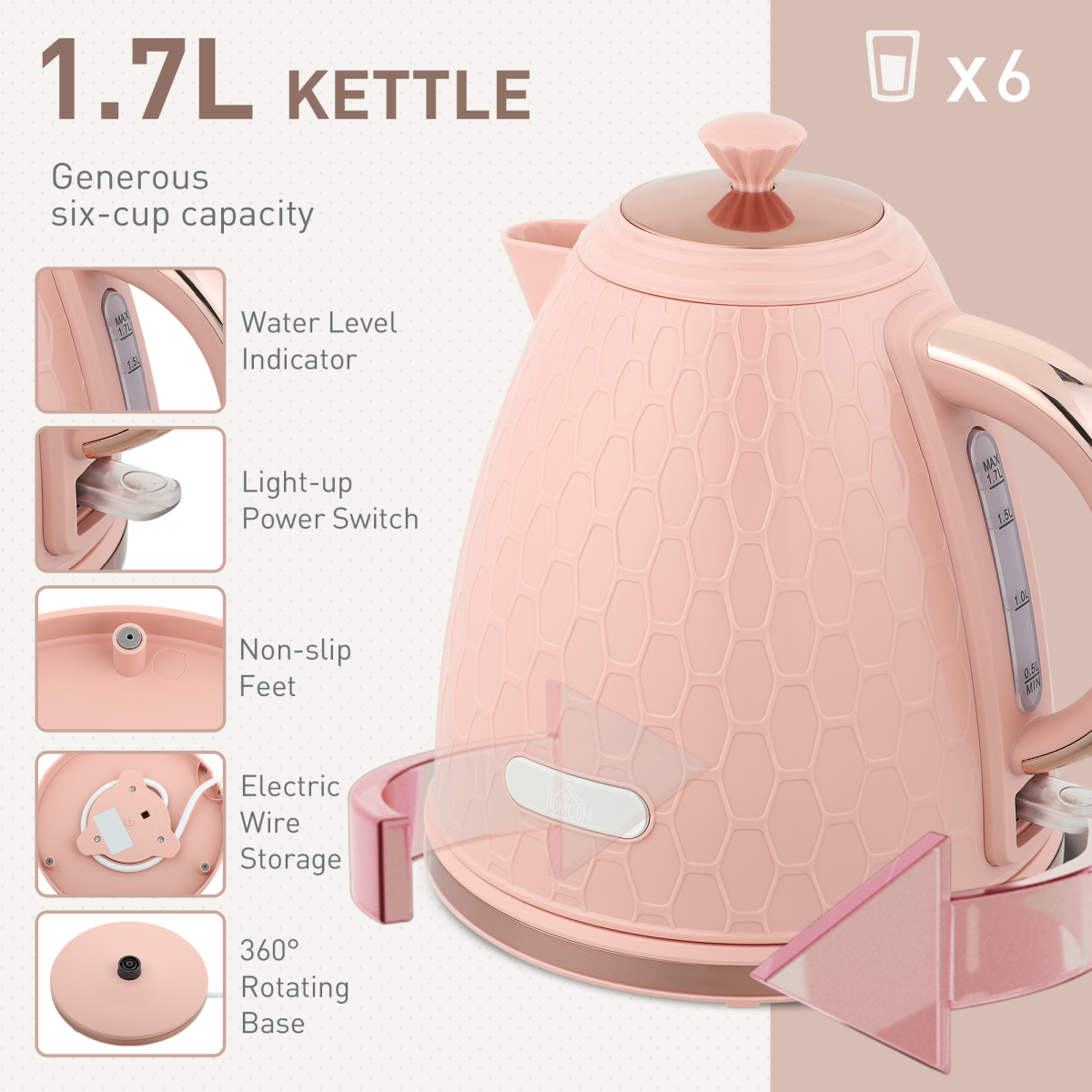 Kettle and 4-Slice Toaster Set with 1.7L Fast Boil Kettle & 7 Browning Levels – Pebbled Design, Light Pink