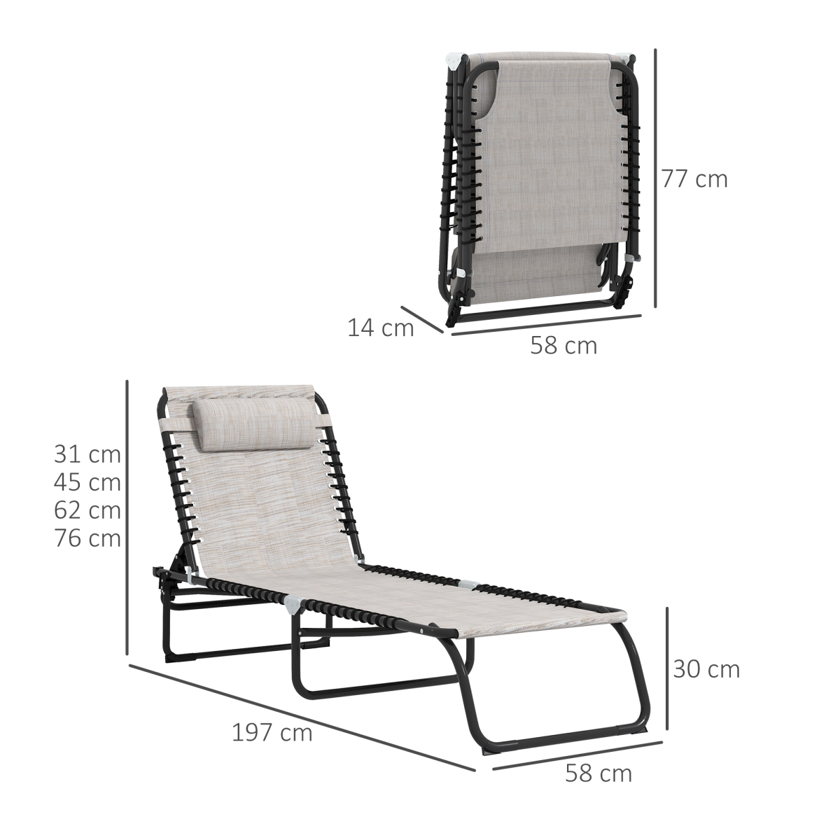 Outsunny Set of 2 Folding Beach Lounge Chairs with 4 Recline Positions & Headrest – Sun Loungers, Cream