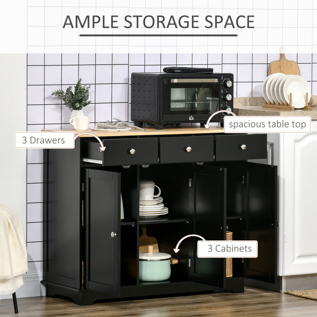 Kitchen Storage Cabinet with 3 Large Drawers & Adjustable Shelves – Flat Worktop Sideboard for Kitchens