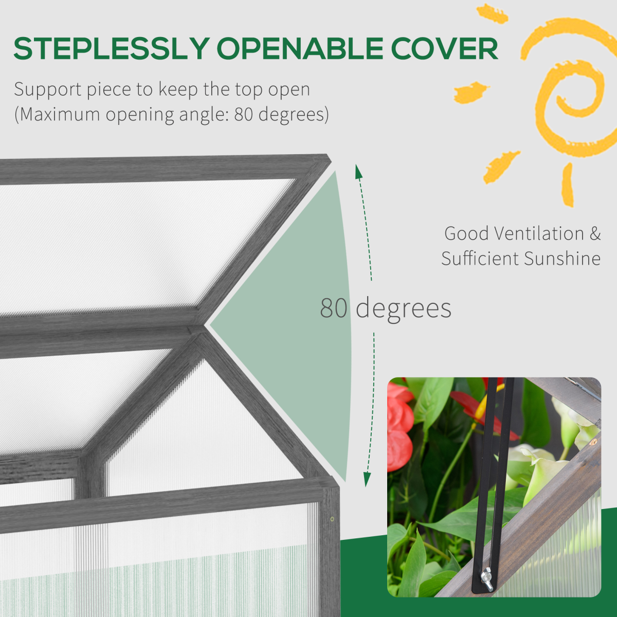 Wooden Cold Frame Greenhouse with Polycarbonate Panels & Adjustable Roof – Portable Garden Planter, Grey