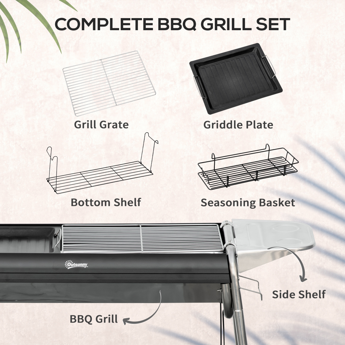 Outsunny Charcoal BBQ Grill with Griddle Plate, Side Basket & Shelves – Portable Camping Barbecue, Black