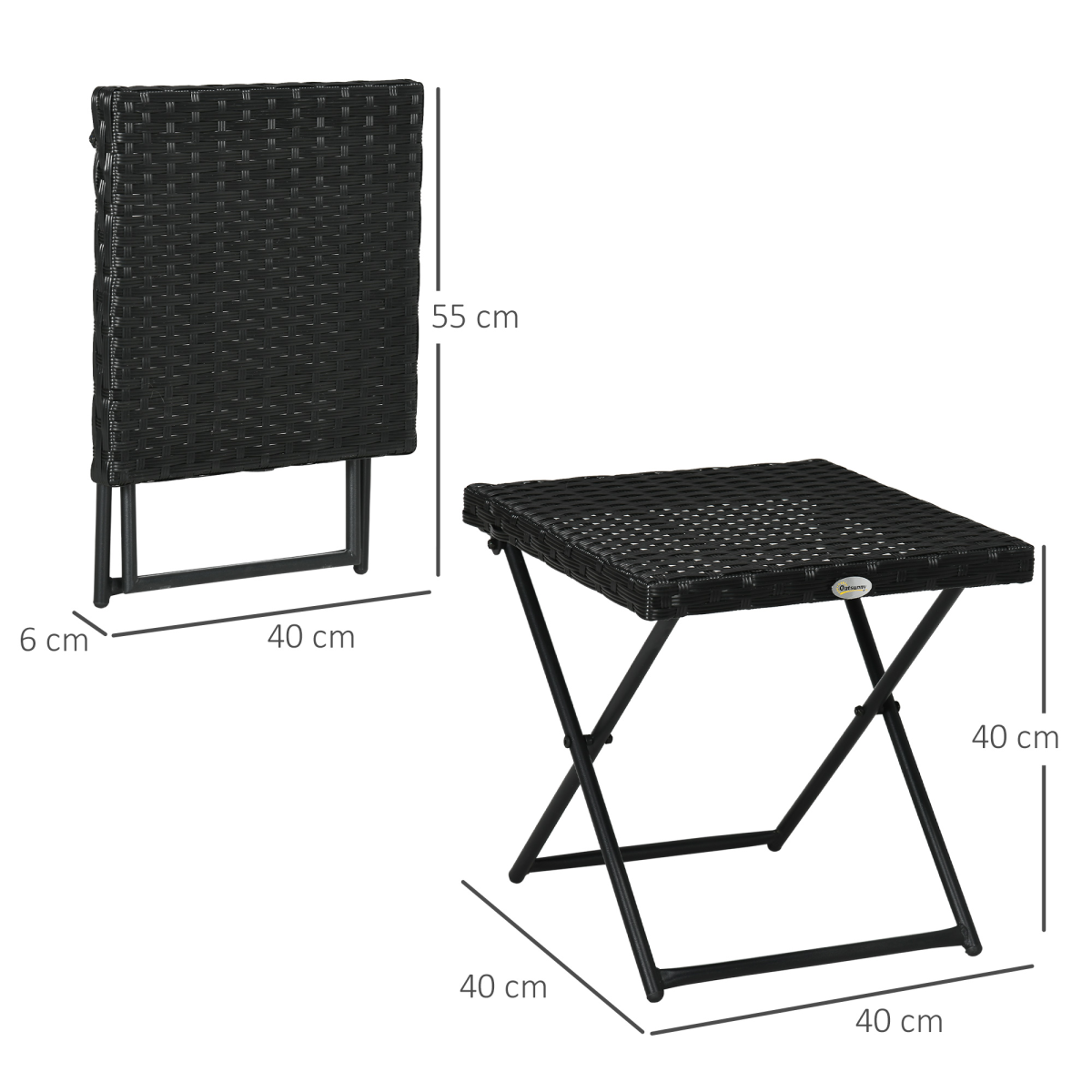 Outsunny Folding Square Rattan Coffee Table with Steel Frame – Outdoor Bistro and Balcony Table, Black