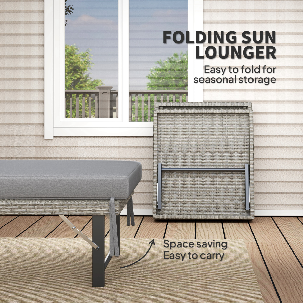 Outsunny Folding Rattan Sun Lounger with 6-Level Adjustable Back & 8cm Cushion – Garden Poolside Recliner, Grey