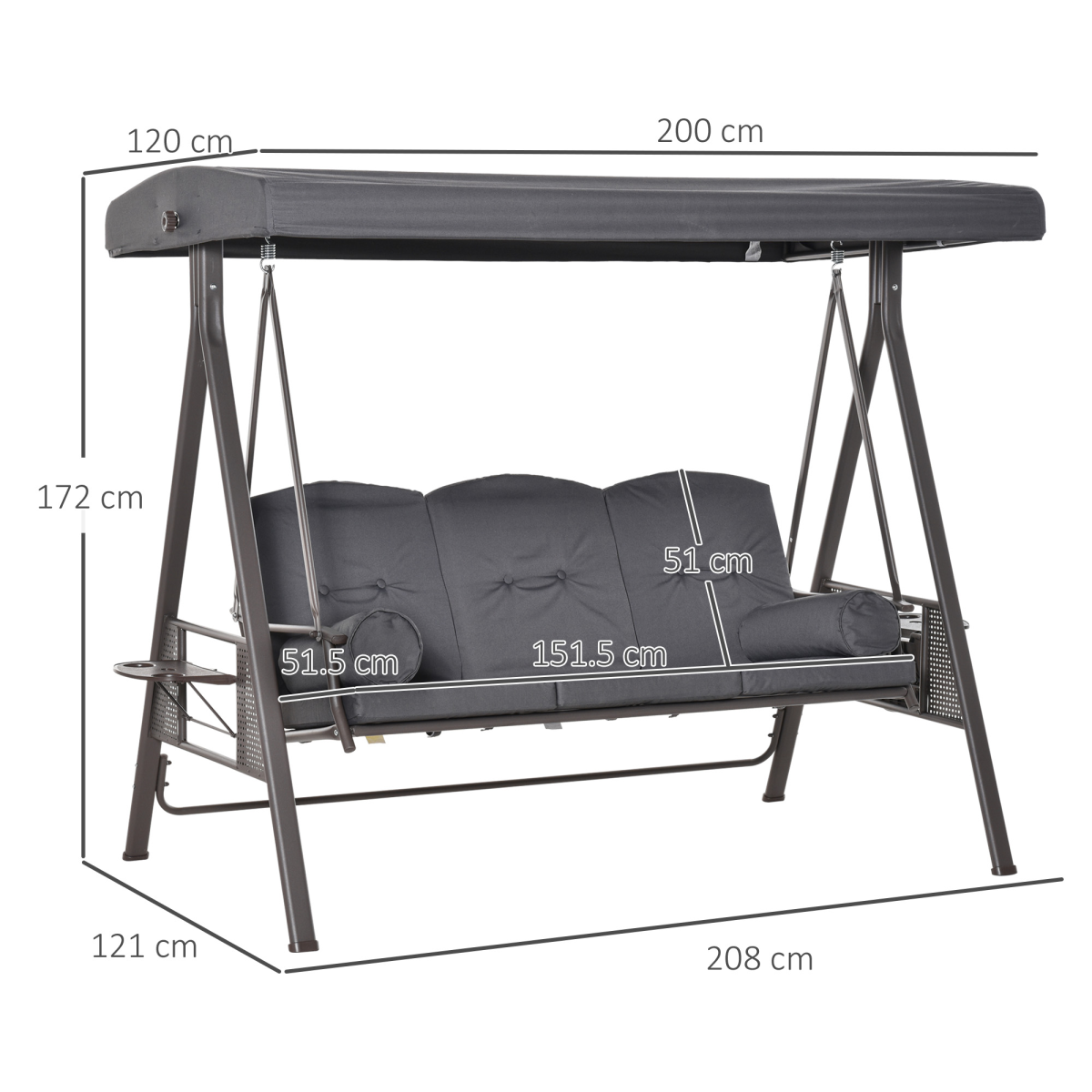 Outsunny Heavy Duty Steel 3 Seater Garden Swing Chair with Canopy & Cushions – Patio Furniture