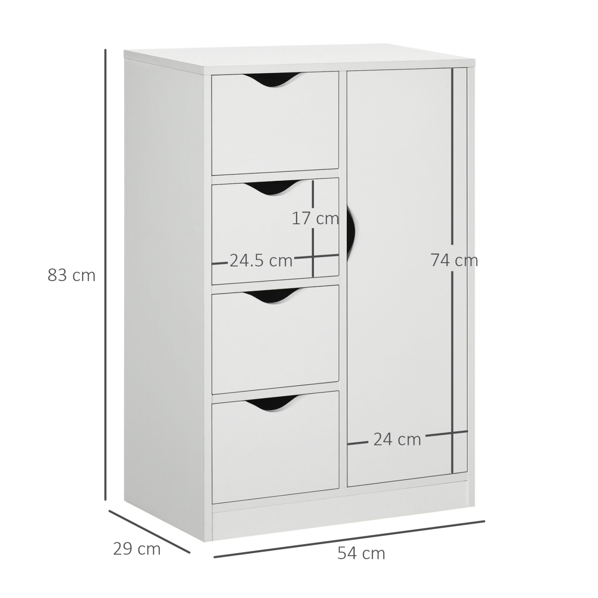 HOMCOM Modern White Storage Cabinet Organiser with 4 Drawers & Side Shelf Cupboard