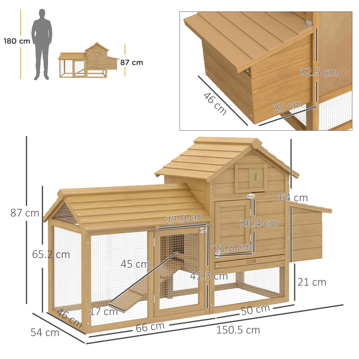 Small Wooden Chicken Coop with Nesting Box, Outdoor Run, Ramp & Slide-Out Tray – Hen House, 150.5 x 54 x 87cm