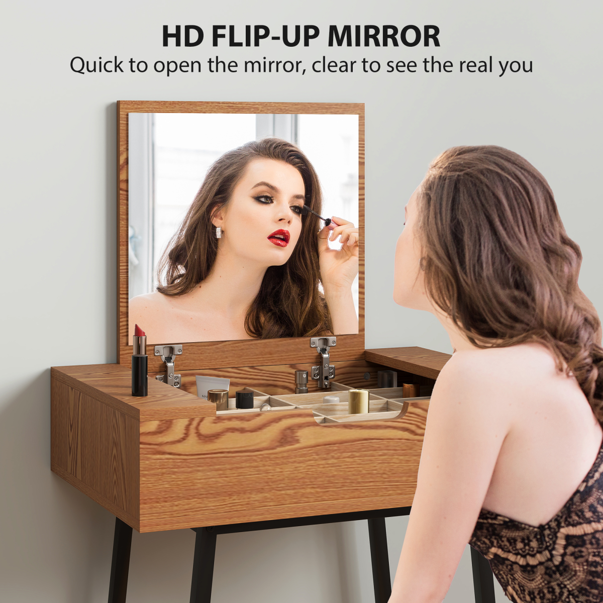 HOMCOM Industrial Vanity Desk with Flip-Up Mirror, 16 Hidden Compartments and Steel Legs – Natural Wood Effect