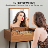 HOMCOM Industrial Vanity Desk with Flip-Up Mirror, 16 Hidden Compartments and Steel Legs – Natural Wood Effect