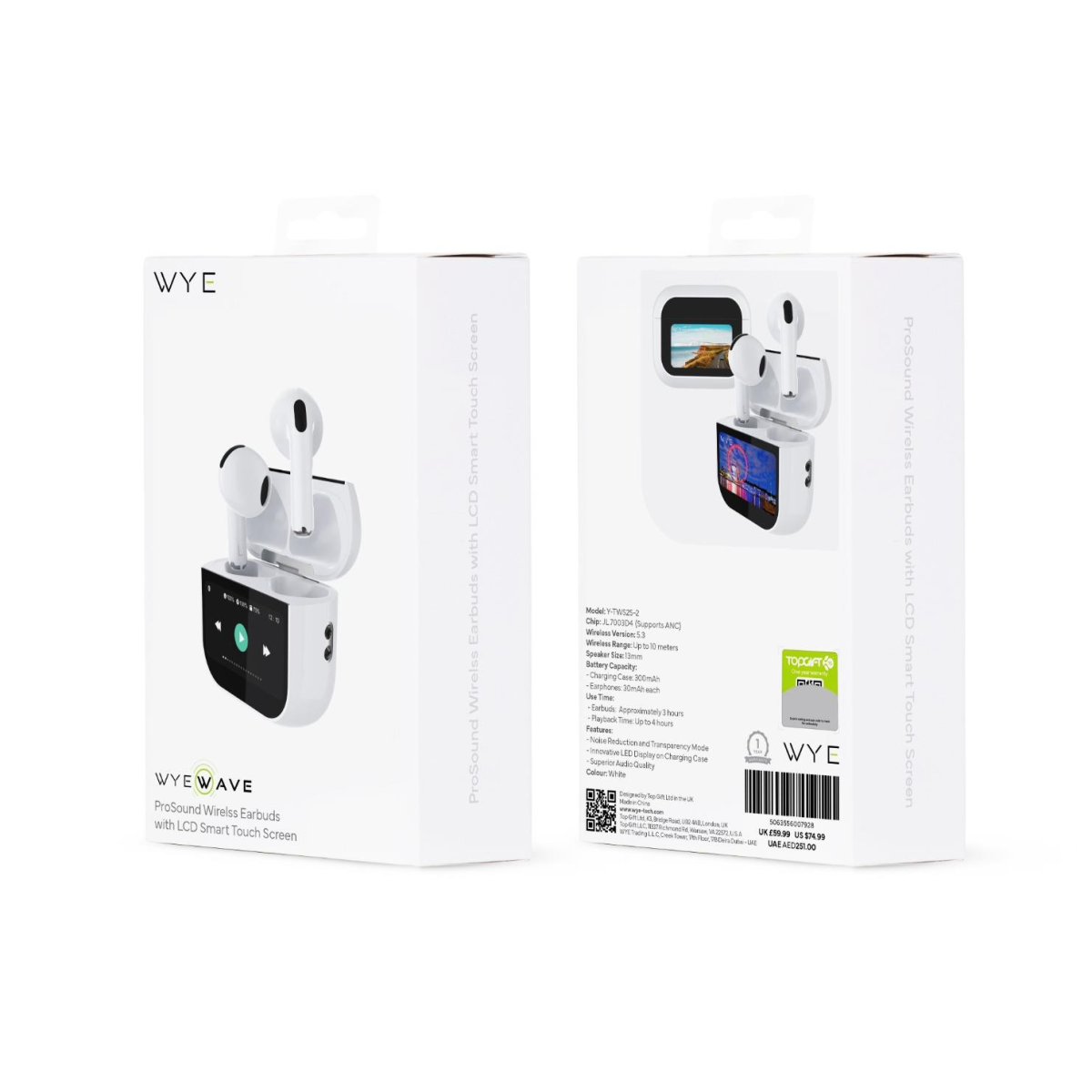 WYEWAVE ProSound Wireless Earbuds with LCD Touch Screen Charging Case, ANC and Transparency Mode, White