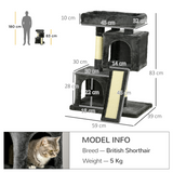 PawHut Cat Activity Tree with 2 Houses, Cushioned Perch and Sisal Scratching Posts – Indoor Cat Tower, Black