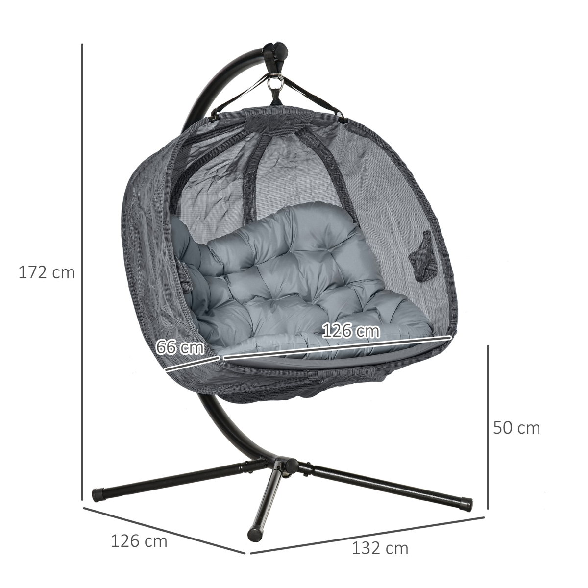 Outsunny Double Hanging Egg Chair with Stand, 2-Seater Swing Hammock & Cushion – Garden Patio Lounger, Grey