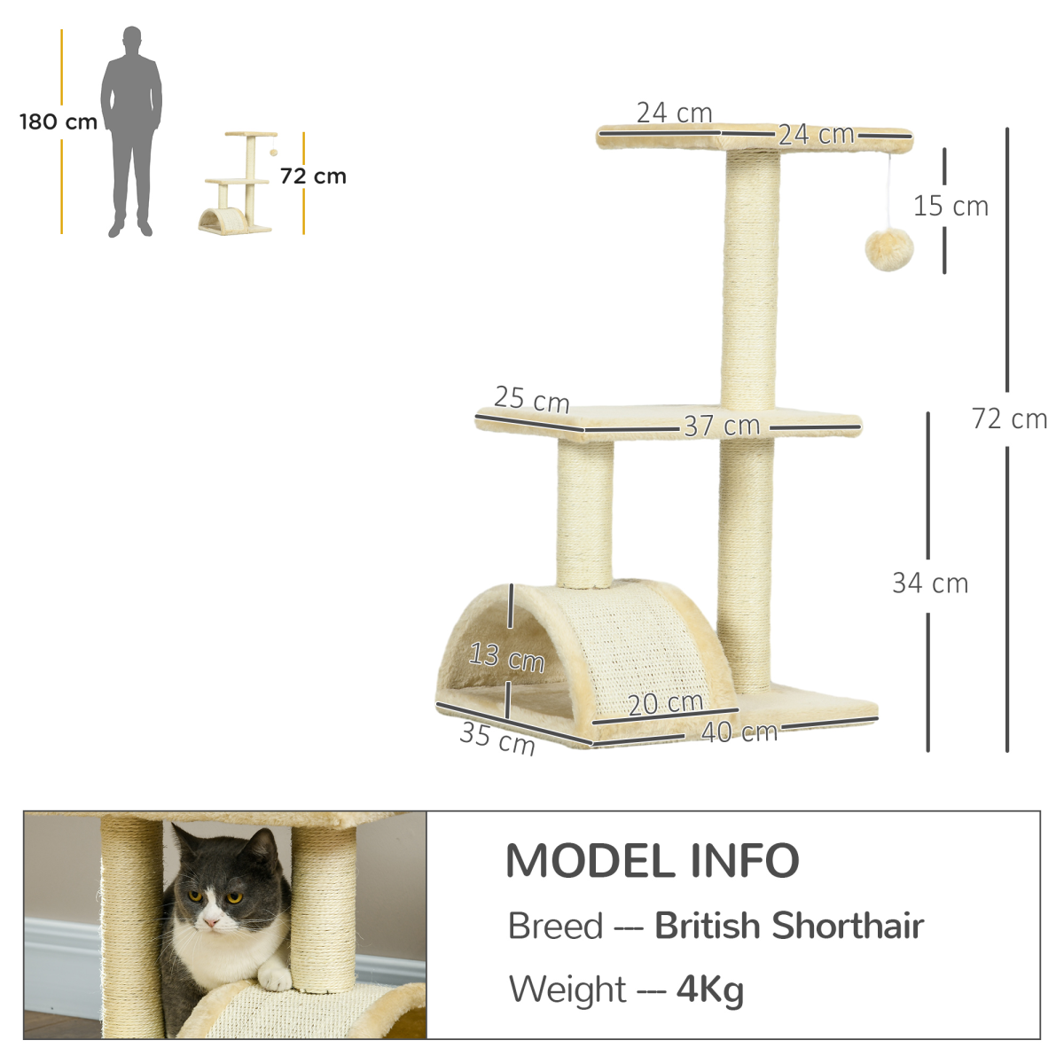 PawHut 72cm Cat Tree Climbing Tower with Sisal Scratching Post and Arc Scratching Pad, Cream White