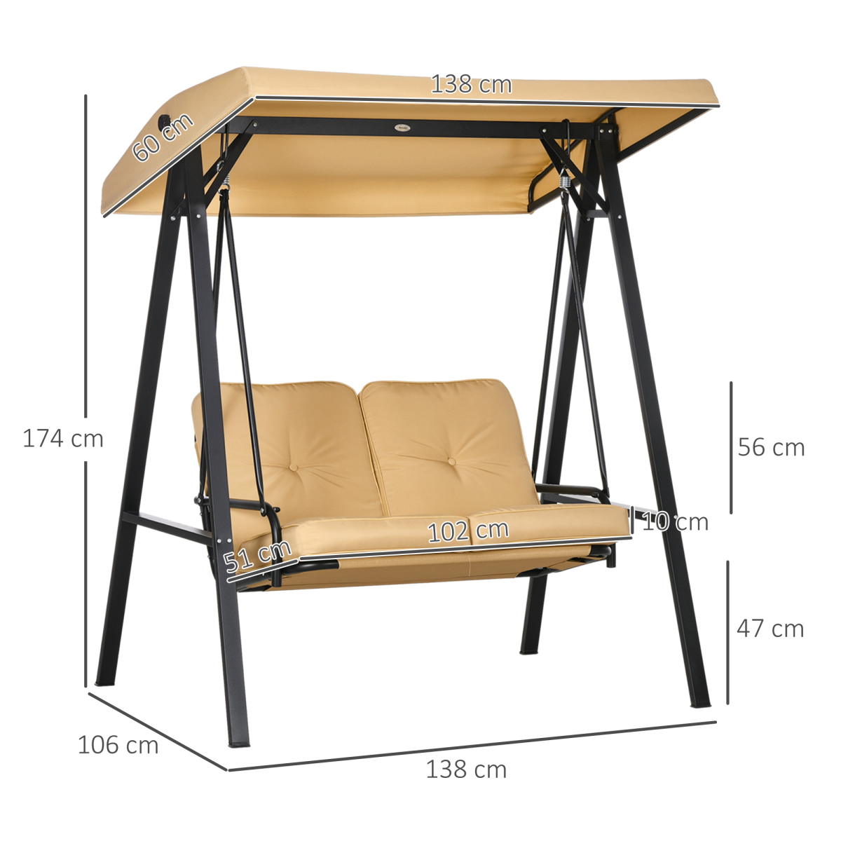 Outsunny 2-Seater Garden Swing Chair Hammock with Adjustable Canopy & Cushions – Steel Frame