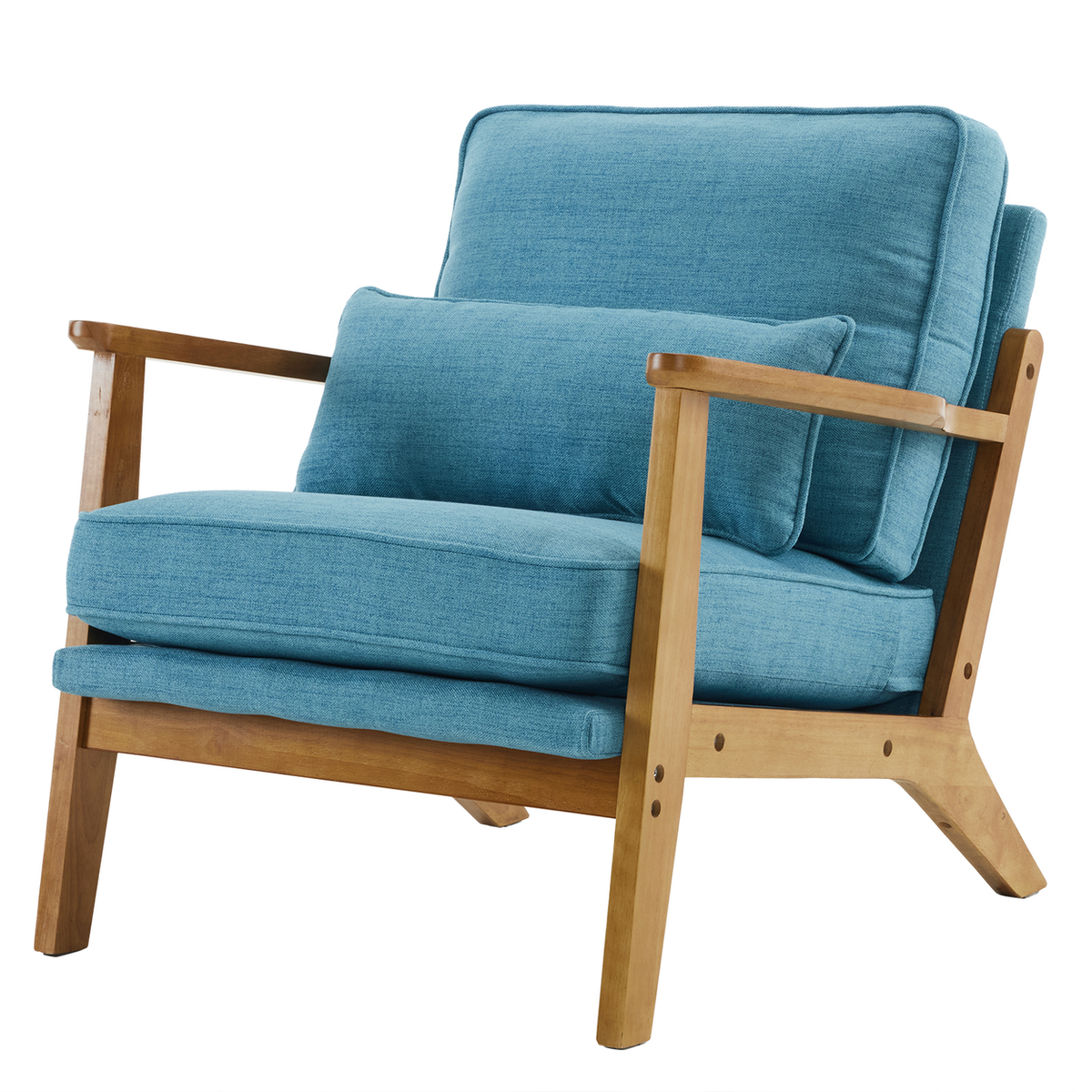 Mid-Century Oak Accent Chair with Navy Blue Linen-Cotton Upholstery and Lumbar Pillow – Indoor Armchair