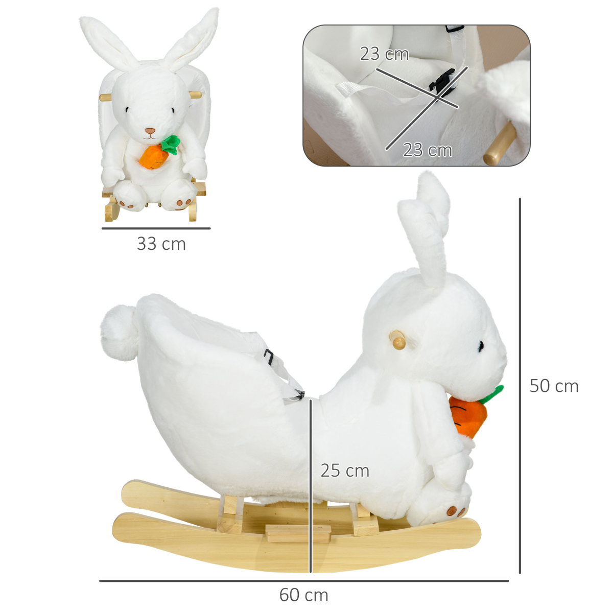 HOMCOM Kids Rabbit Rocking Horse with Realistic Sounds and Safety Belt – Poplar Wood Rocker, White
