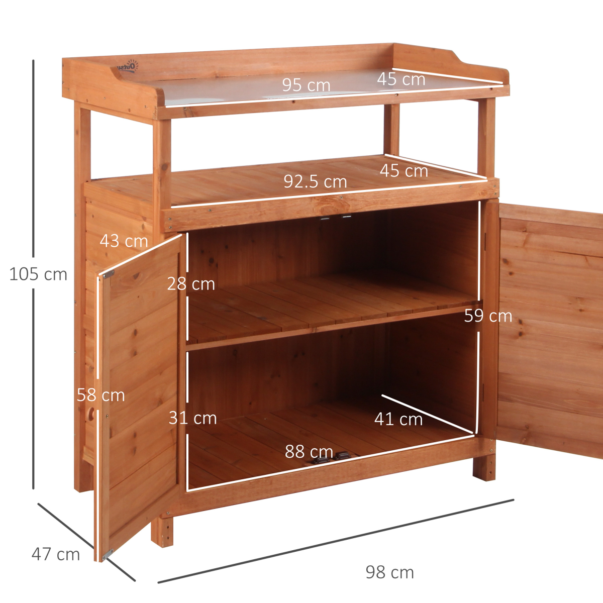 Outsunny 2-in-1 Potting Bench with Storage Cabinet & Galvanised Steel Table Top – Wooden Garden Workstation