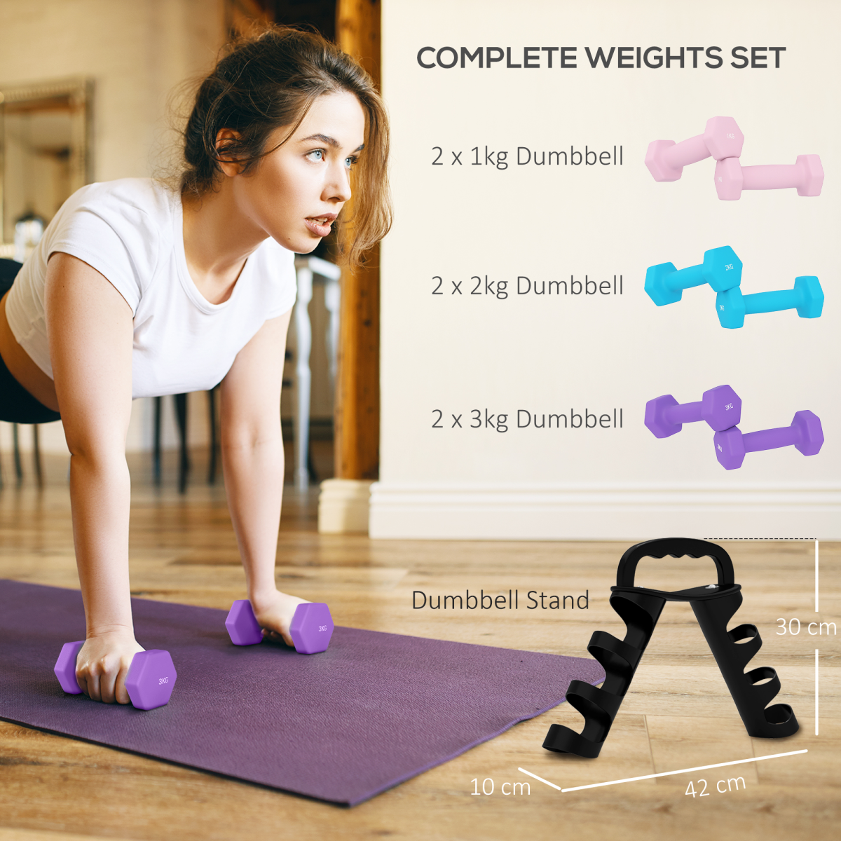 SPORTNOW Dumbbell Set with Storage Rack, 12kg Total (2 x 1kg, 2 x 2kg, 2 x 3kg) – Home Gym Hand Weights, Pink
