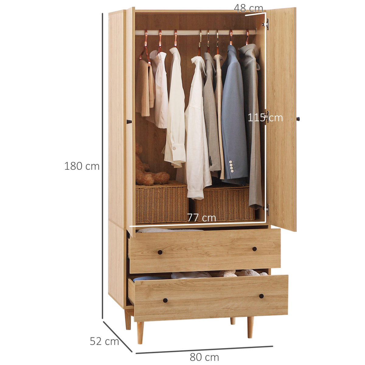 HOMCOM Modern 2 Door Wardrobe with 2 Drawers & Hanging Rail – Bedroom Clothes Storage