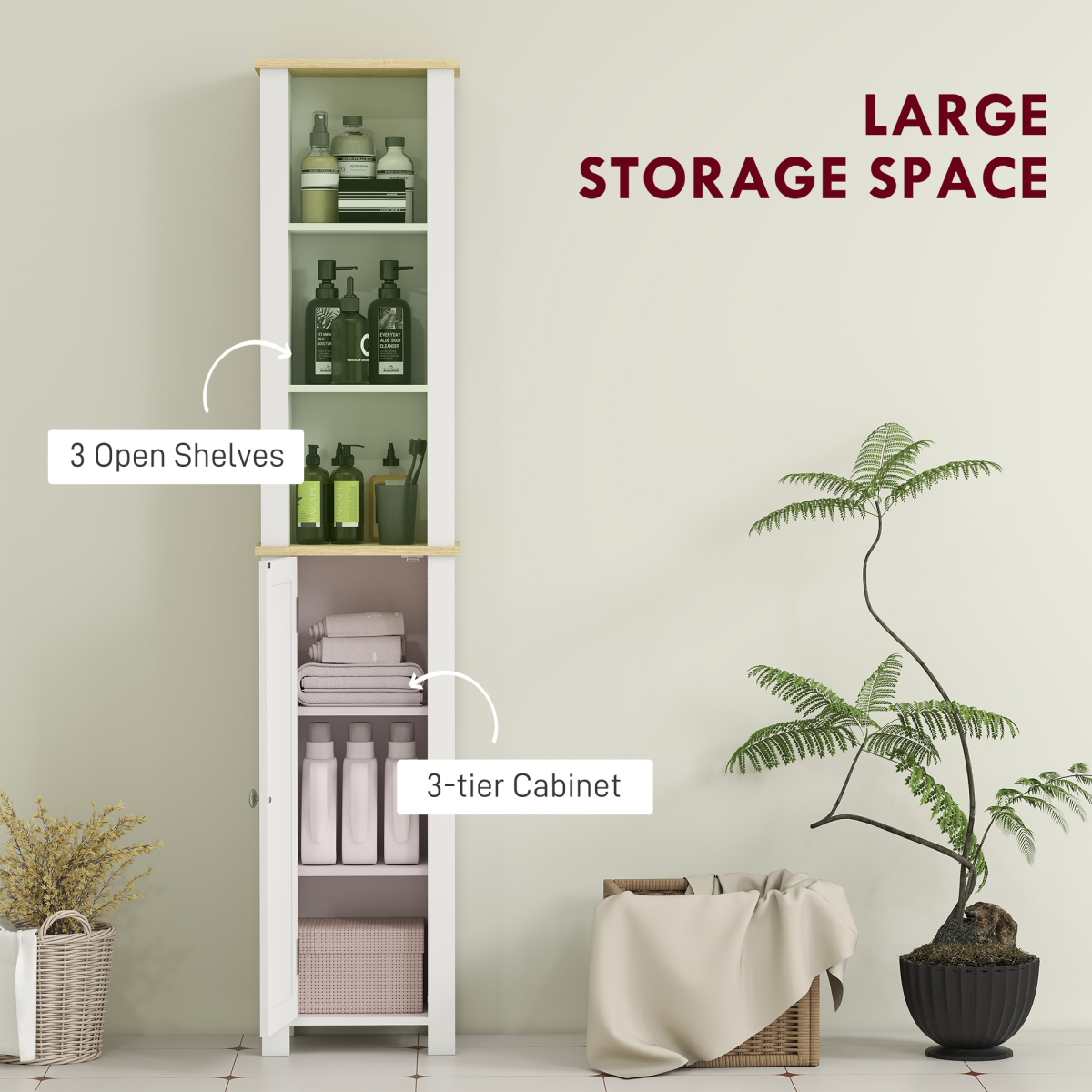 kleankin Slim Bathroom Storage Unit with Open Compartment and Adjustable Shelf – Narrow Cabinet, White