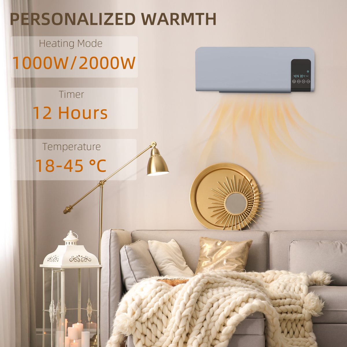 HOMCOM 2000W Wall-Mounted Ceramic Heater with Remote Control – Oscillating, 12-Hour Timer, LED Display, Grey
