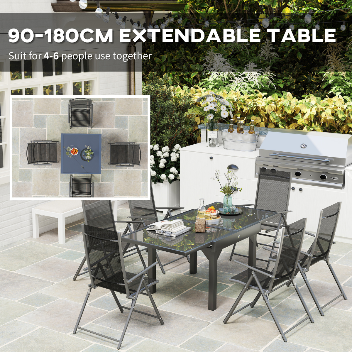Outsunny 7-Piece Expandable Dining Set for 4–6 with Foldable Armchairs & Tempered Glass Table, Grey