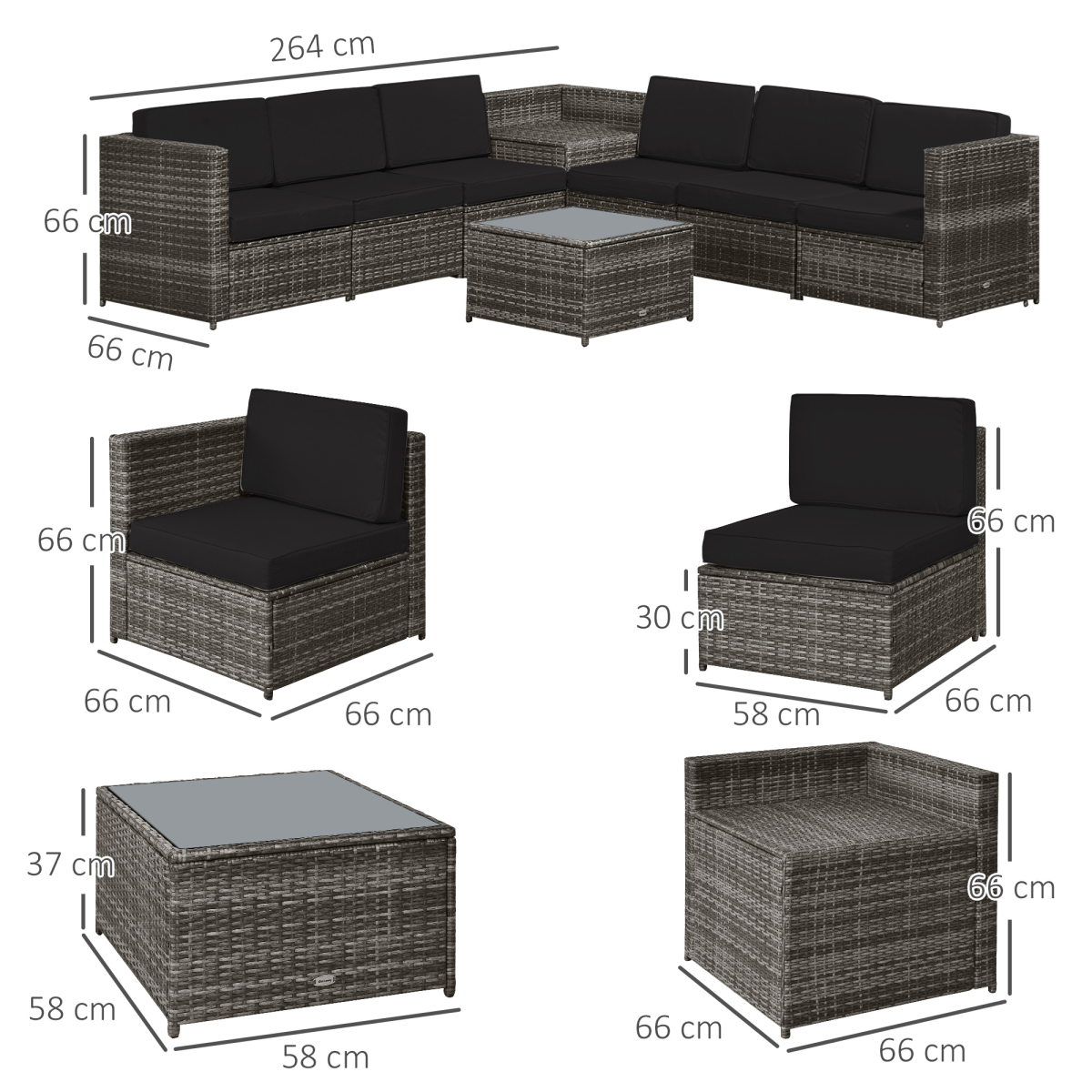 Outsunny Grey Rattan Sofa Set glass coffee table detail