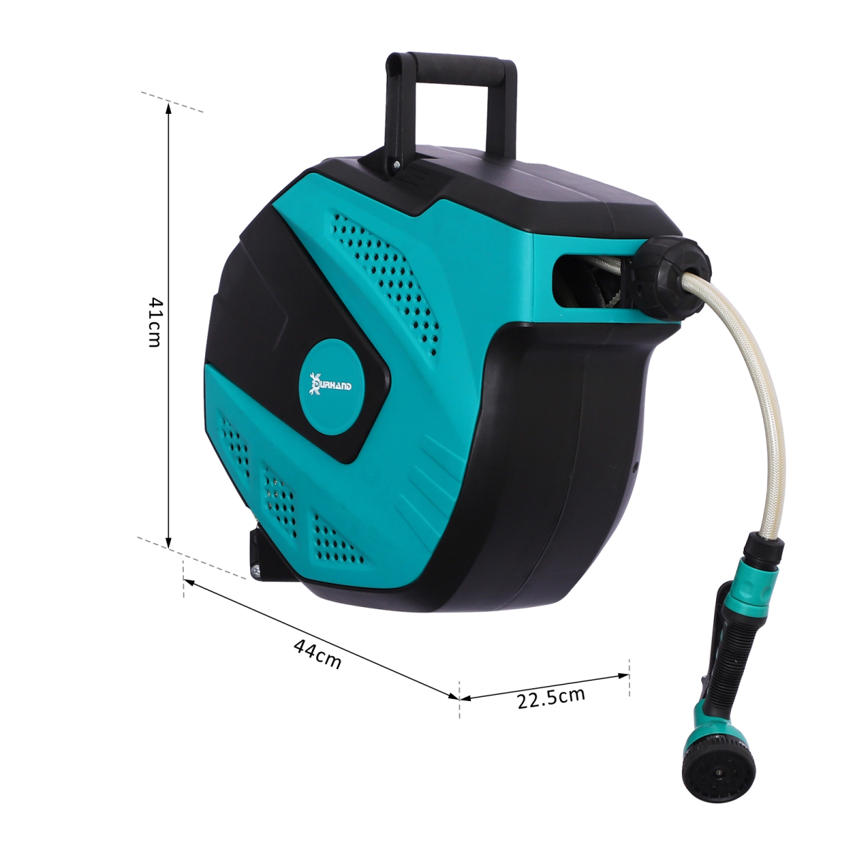 DURHAND 15m Water Hose Reel with Auto Rewind, 7 Watering Patterns & Swivel Bracket – Garden Hose, Black/Green