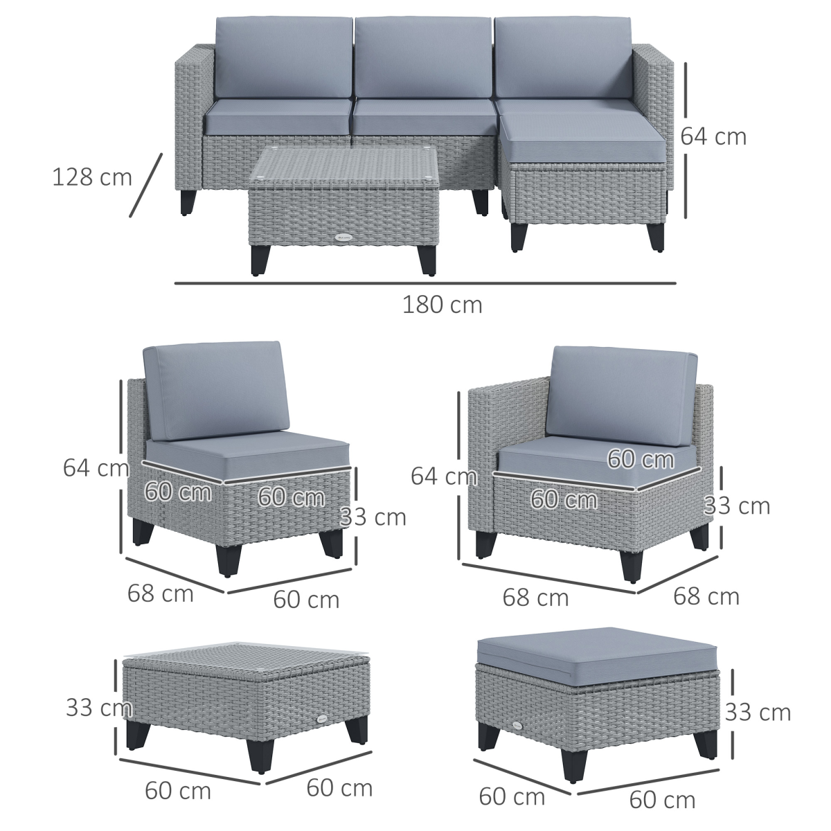 Outsunny 5-Piece PE Rattan Garden Furniture Set with Glass-Top Coffee Table & Cushions – Outdoor Lounge Set, Grey
