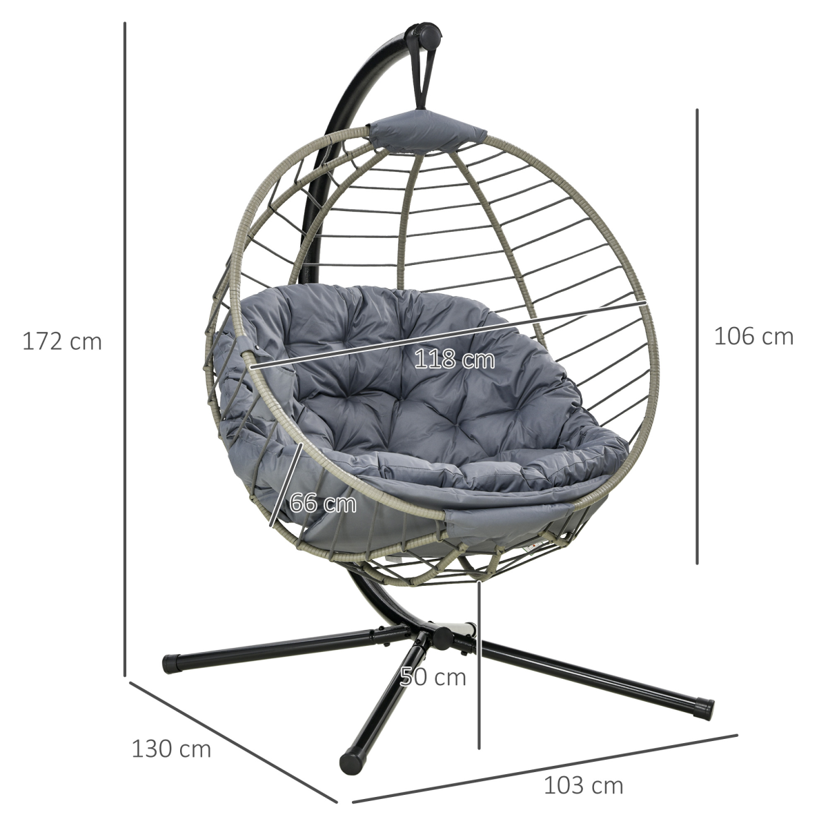 Outsunny PE Rattan Hanging Swing Chair with Stand, Padded Cushion & Cup Holder – Foldable Egg Chair, Grey