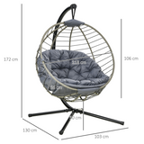 Outsunny PE Rattan Hanging Swing Chair with Stand, Padded Cushion & Cup Holder – Foldable Egg Chair, Grey