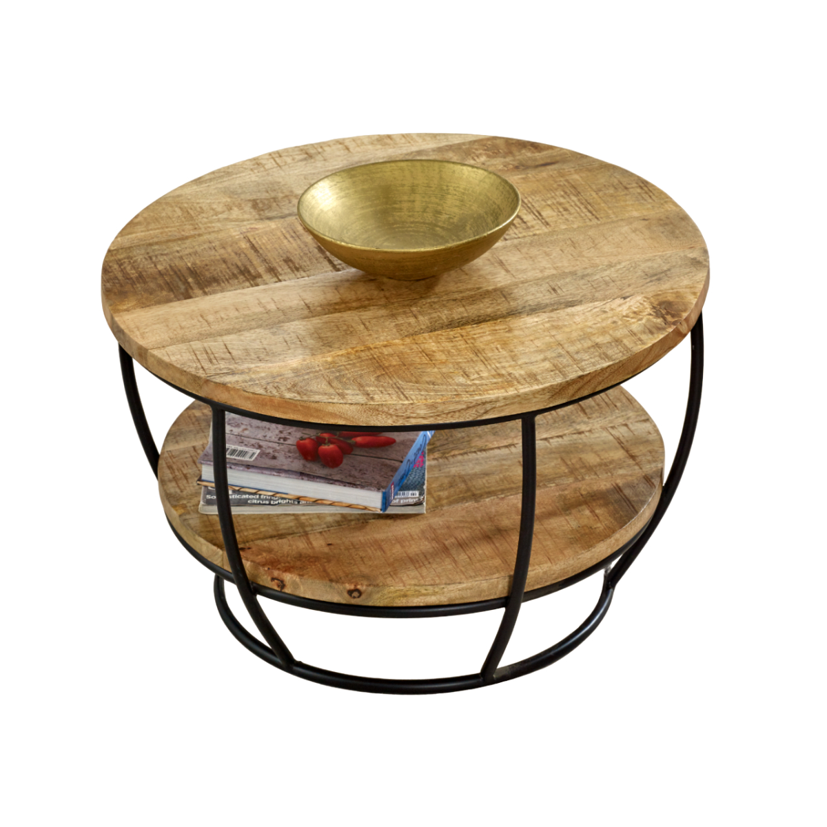 Indian Hub Surrey Solid Mango Wood & Metal Coffee Table with Lower Shelf – Handmade Living Room Table