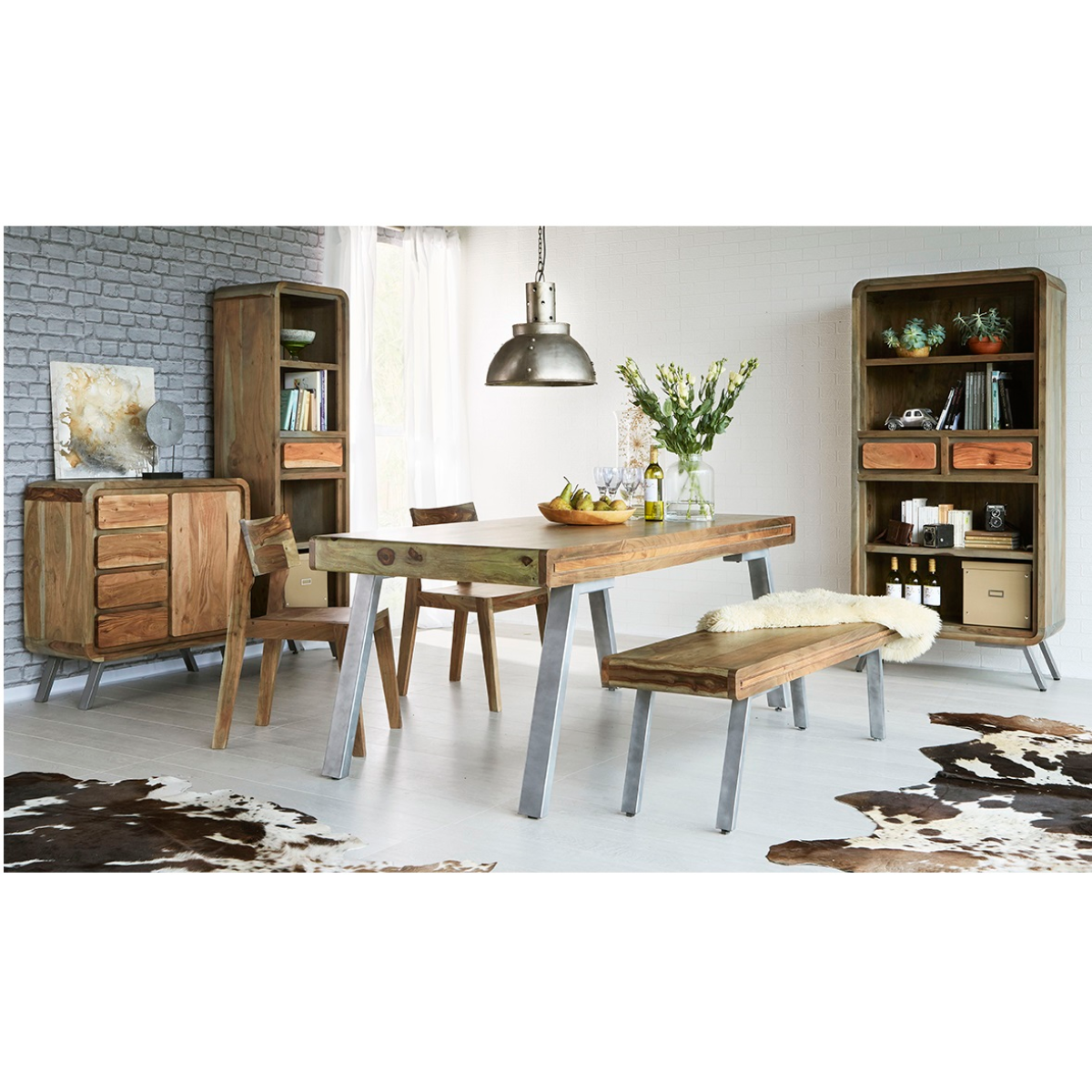 Aspen Large Industrial Bookcase in Solid Hardwood & Reclaimed Metal – Retro Two-Tone Shelving with Drawers