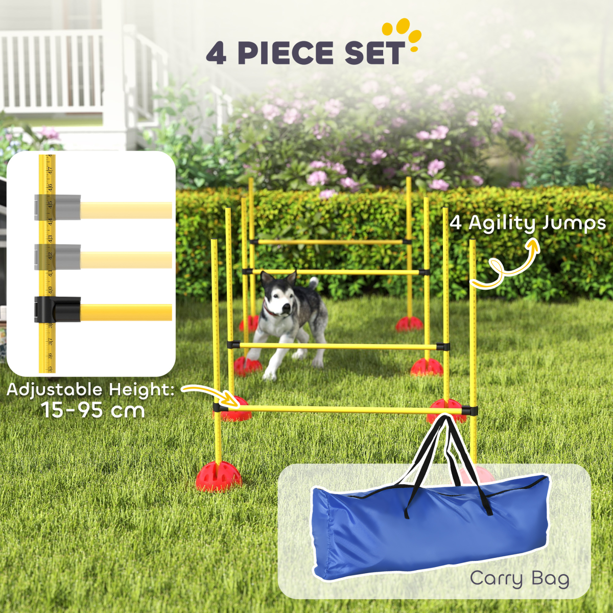 PawHut 4 Piece Dog Agility Hurdles with Height-Adjustable Poles, Fillable Bases & Carry Bag – Jump Training Equipment