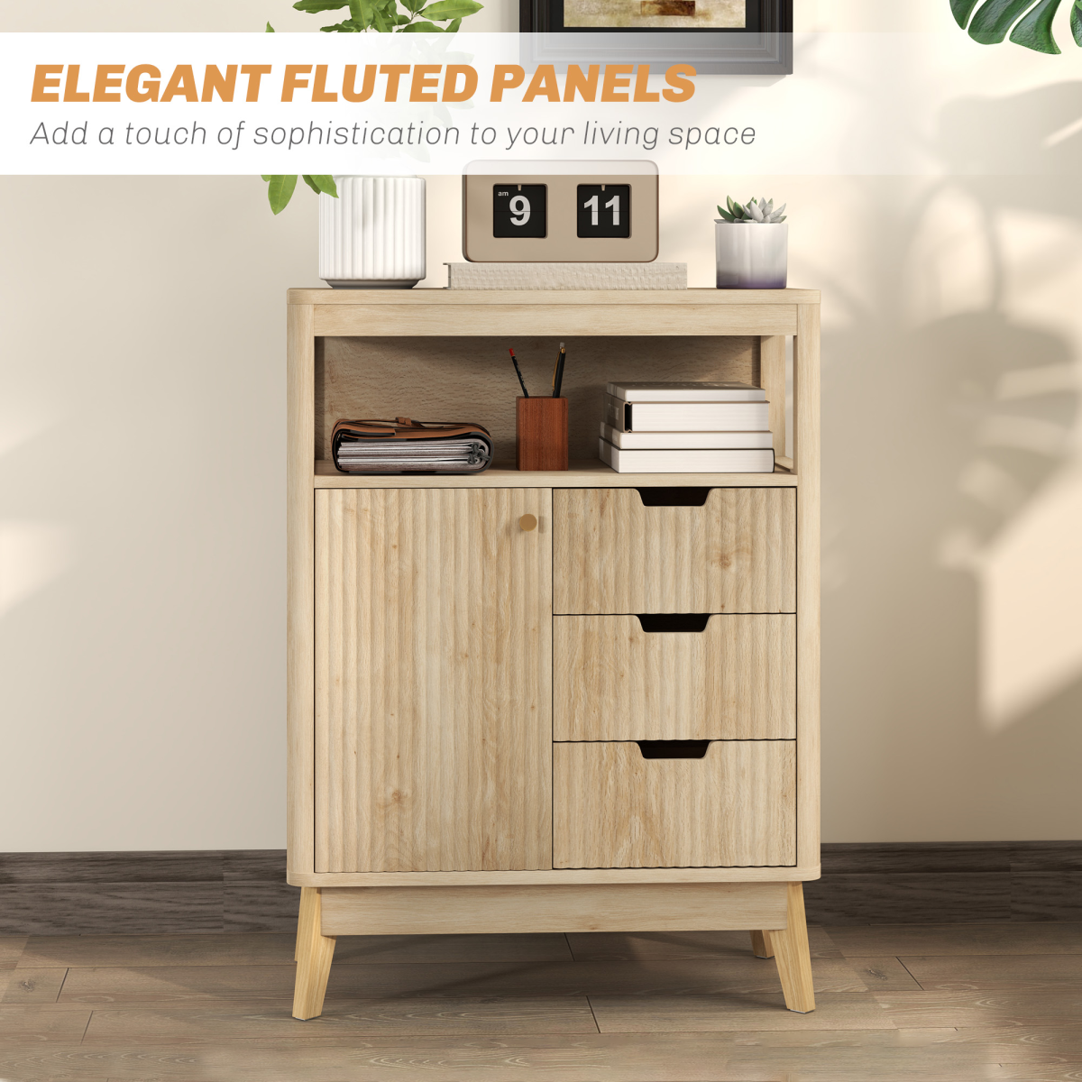 HOMCOM Modern Fluted Sideboard Storage Cabinet with 3 Drawers & Adjustable Shelf – Living Room