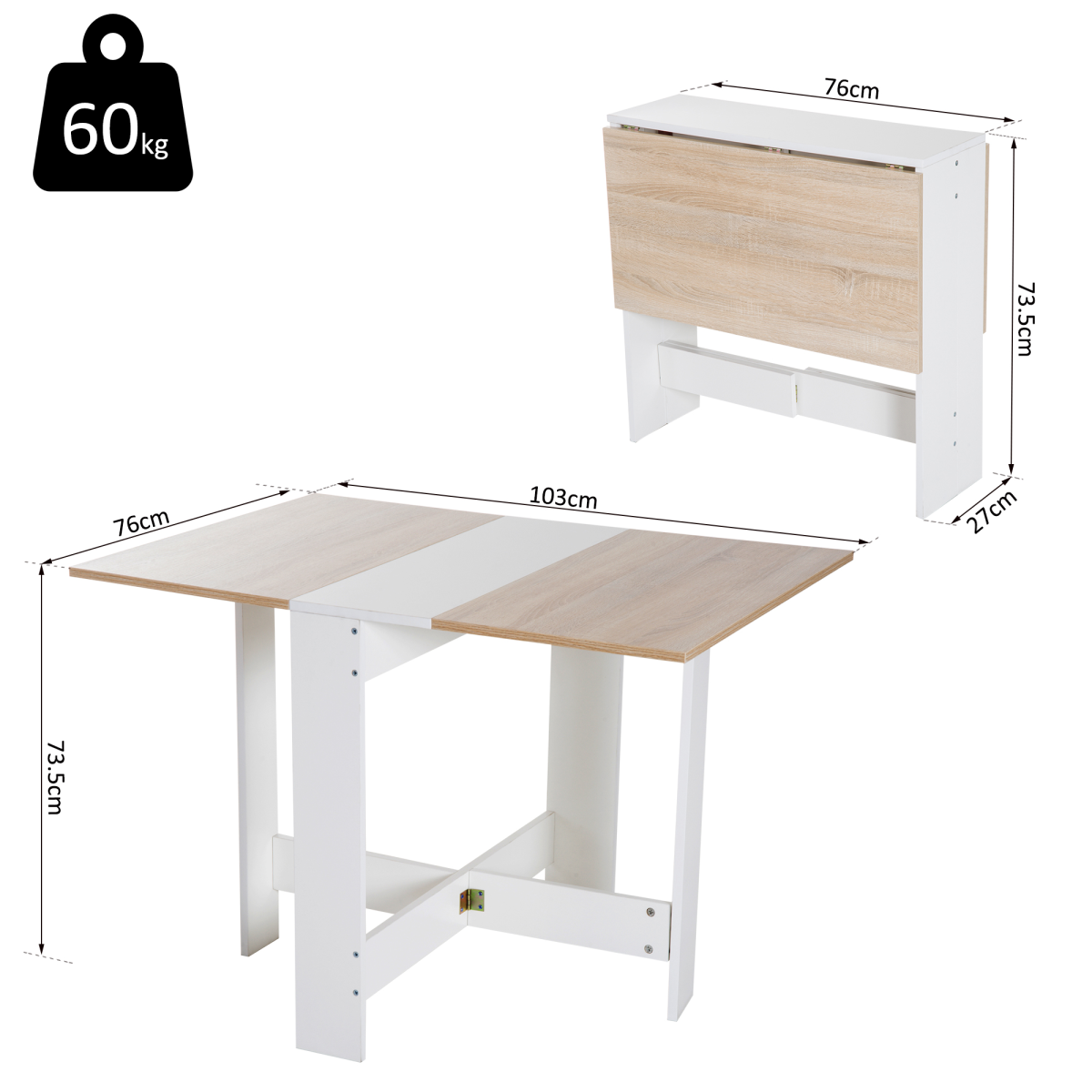HOMCOM Folding Drop Leaf Dining Table for 6 with X-Shaped Base – Space Saving Dining Desk, Oak White