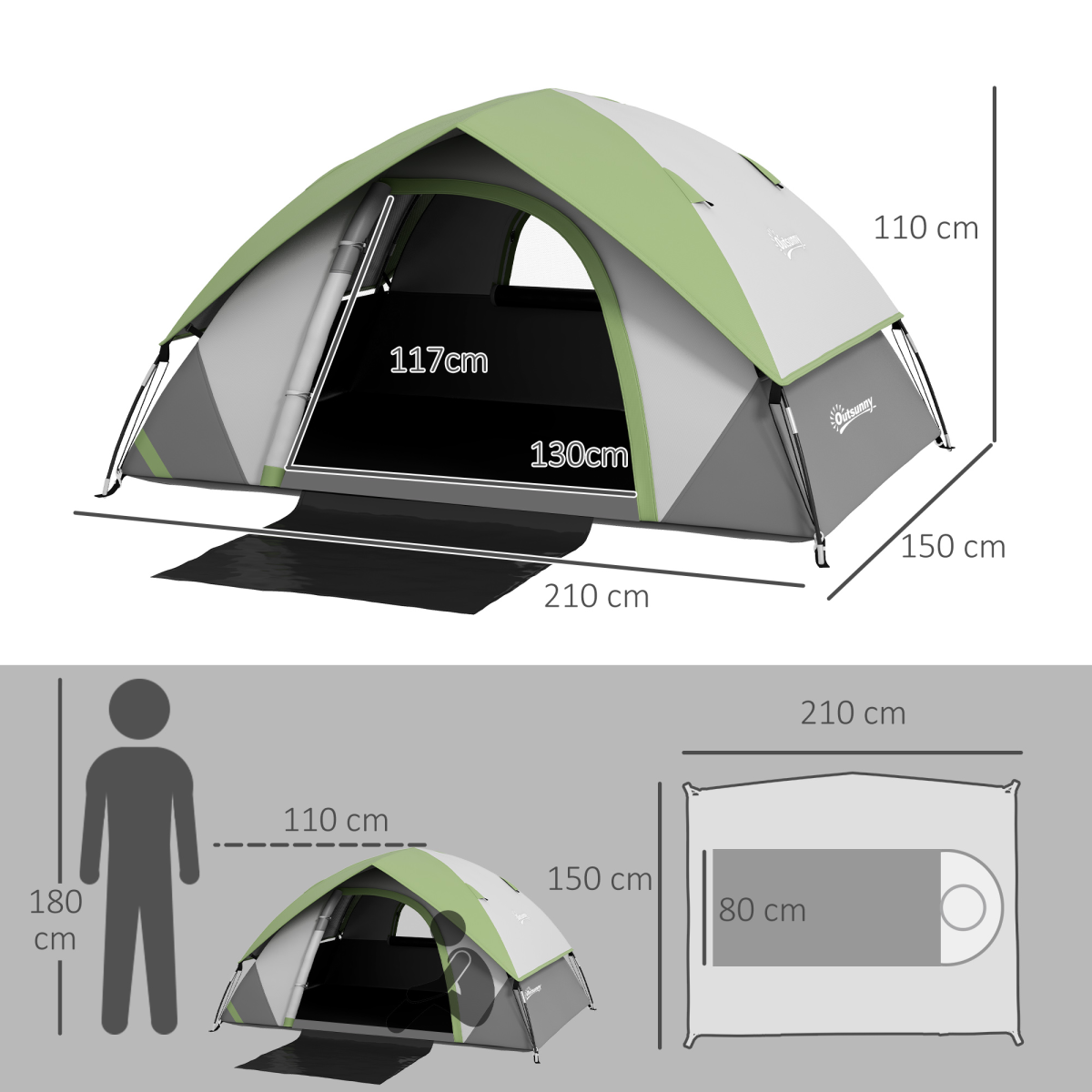 Outsunny 2 Man Camping Tent with Sewn-in Groundsheet, 3000mm Waterproof – One Room Tent with Carry Bag, Green