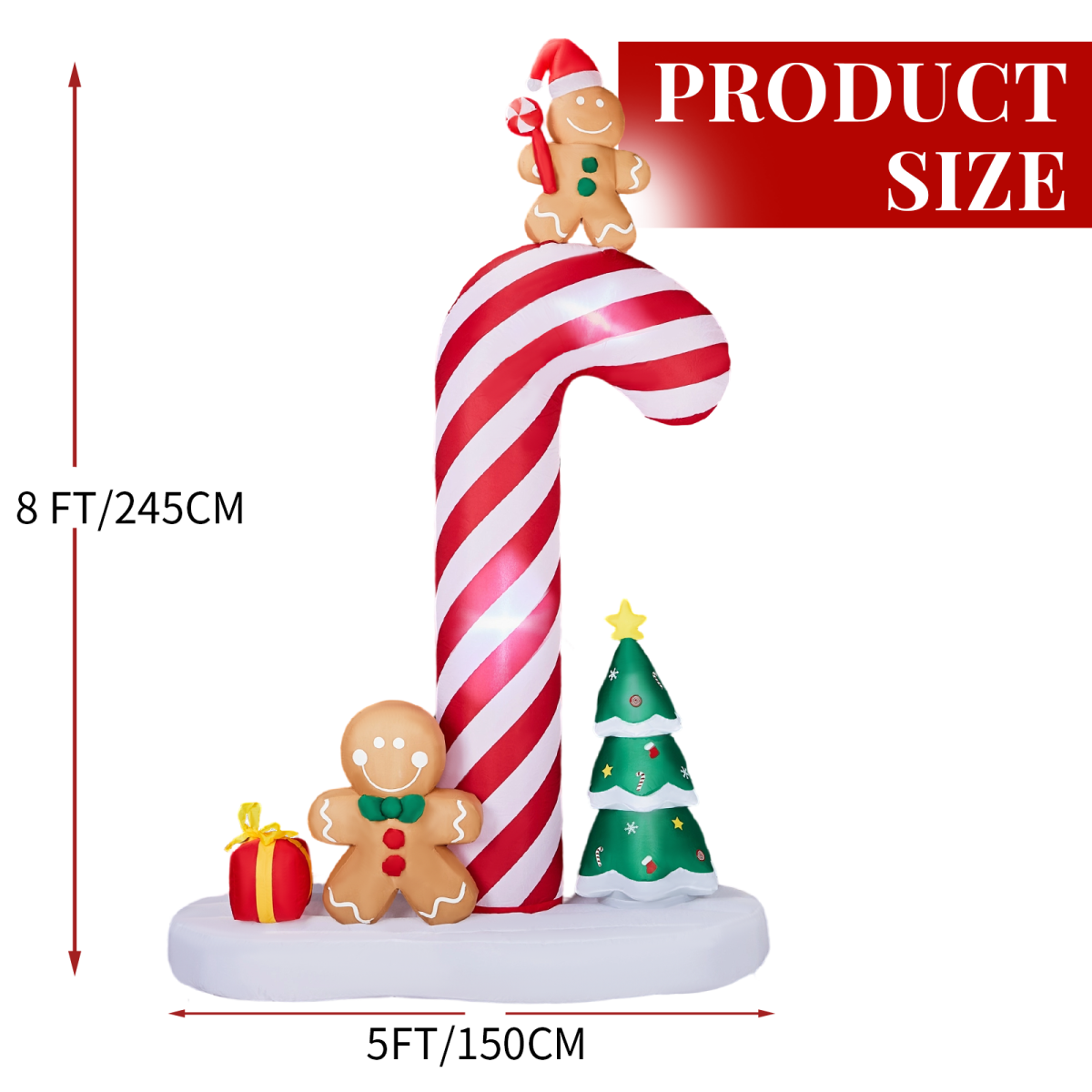 2.45m Light-Up Inflatable Candy Cane with Gingerbread Men – Christmas Blow-Up Decoration with Built-In LEDs