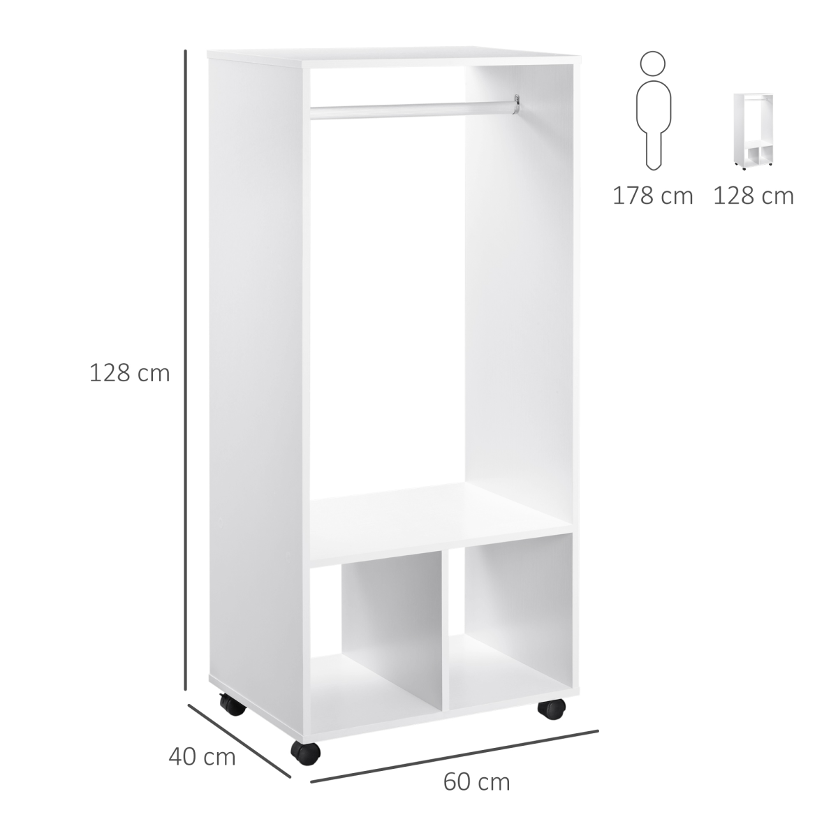Open Wardrobe Clothes Rail with Hanging Rod, Shelves and 4 Lockable Wheels – Bedroom Storage, White